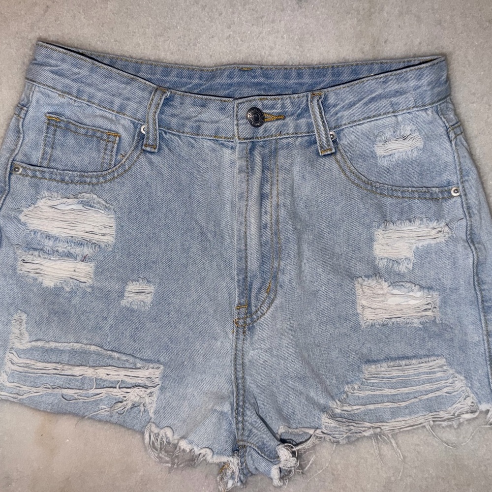 SHEIN Light Blue Distressed High-Waist Denim Shorts